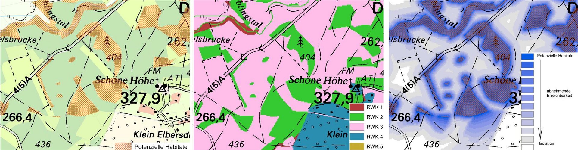 Potenzielle Habitate, Kostenoberfläche und Ergebnisgrid des Feuersalamanders (Salamandra salamandra) westlich von Dürrröhrsdorf-Dittersbach